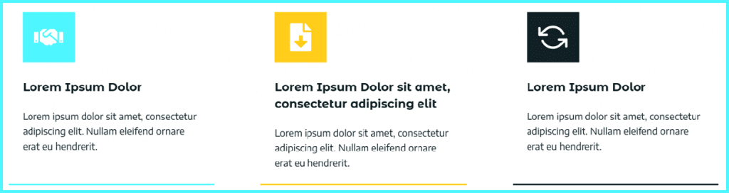 Three columns are designed with a replica kadence info box layout with icon, title and paragraph and bottom border. The first column is blue, the second column is yellow and the third column is dark grey. The paragraphs are not aligned but separated from the title by the same padding