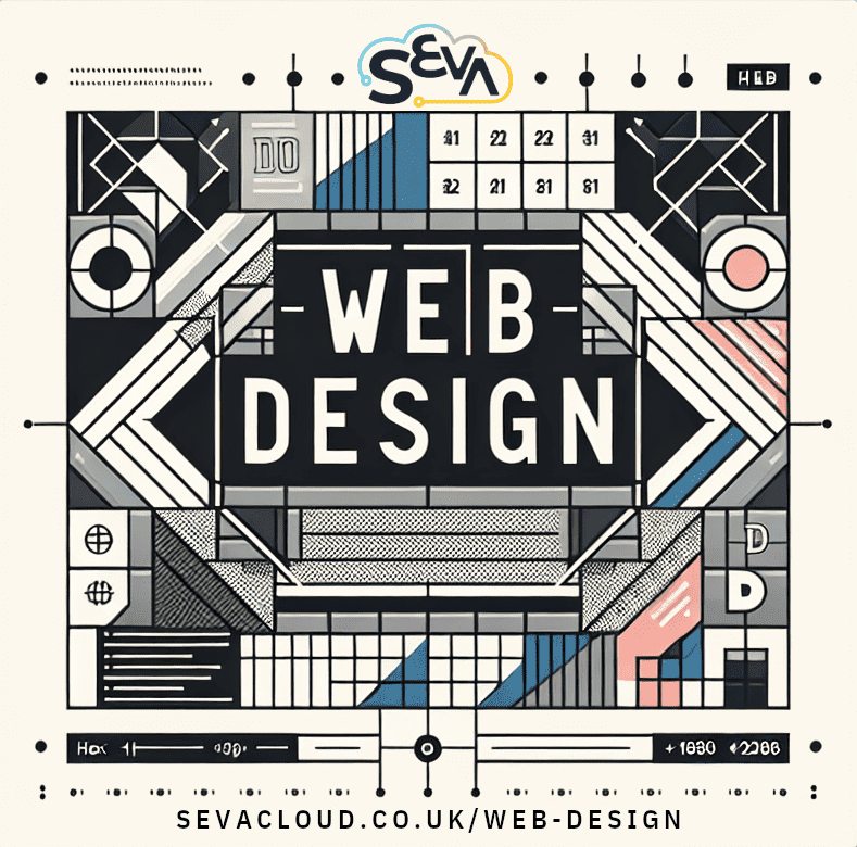 Colourful boxes and circles surround the Seva Cloud logo and Web Design text in the centre to show creativity